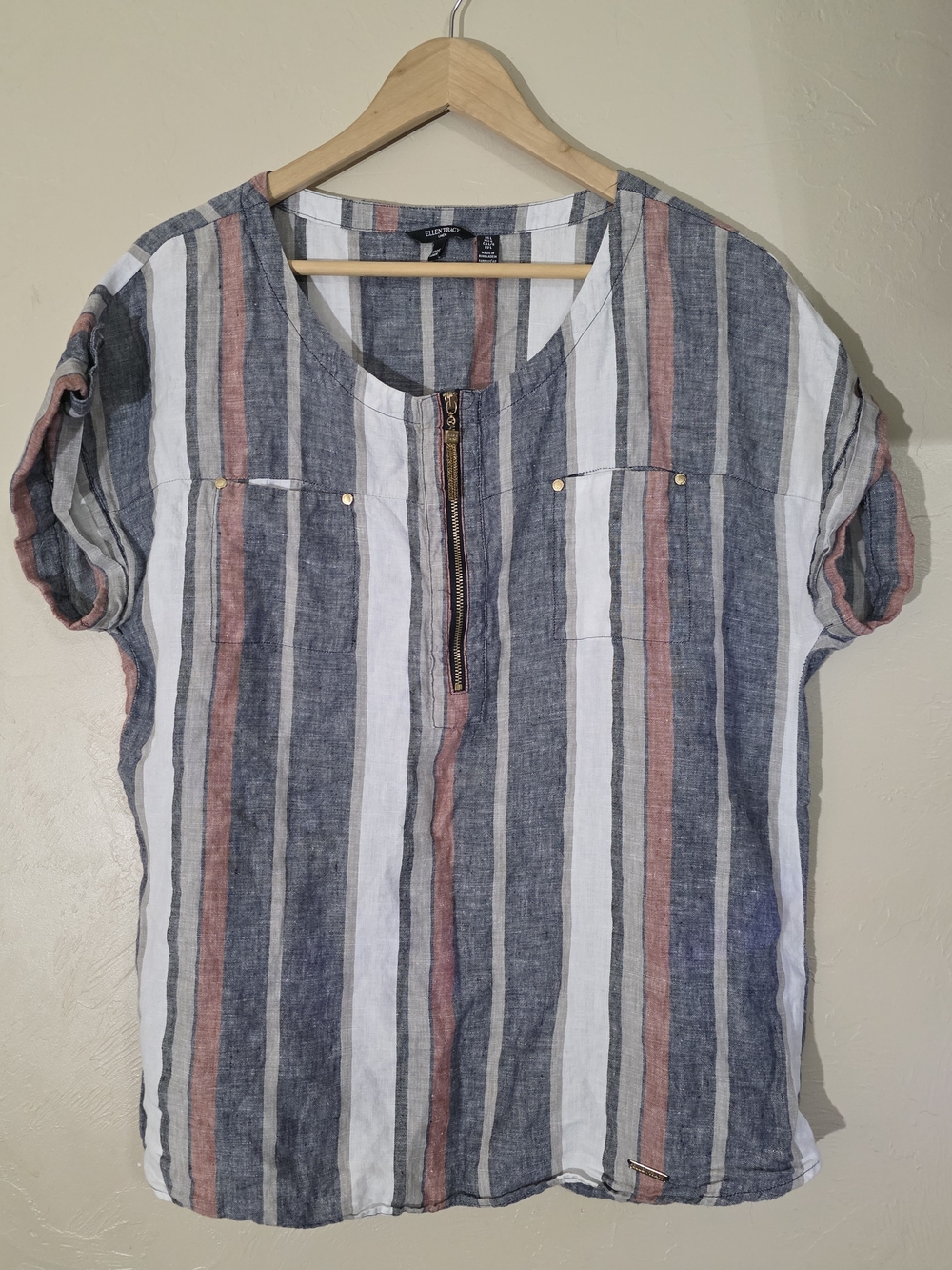 Ellen Tracy Linen Striped Short-Sleeve Shirt